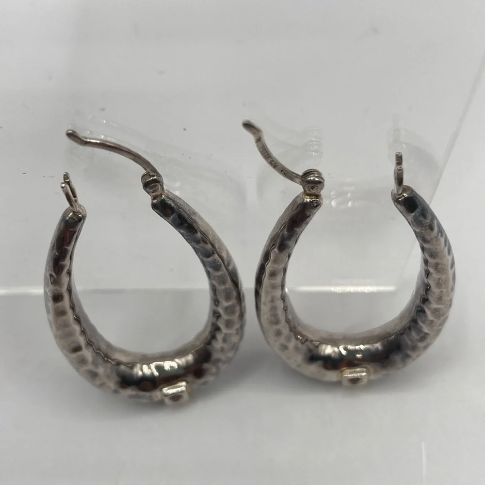 Elle Sterling Silver 925 Ruby Oval Hammered Earrings Pierced 1 3/4”L